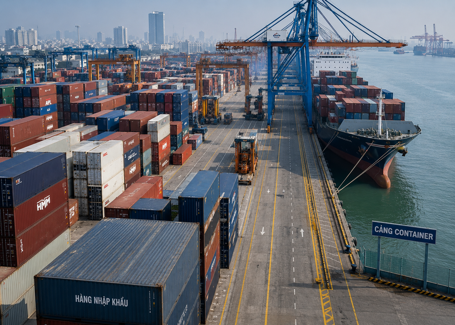 Cảng container và cần cẩu xếp dỡ hàng hoá
